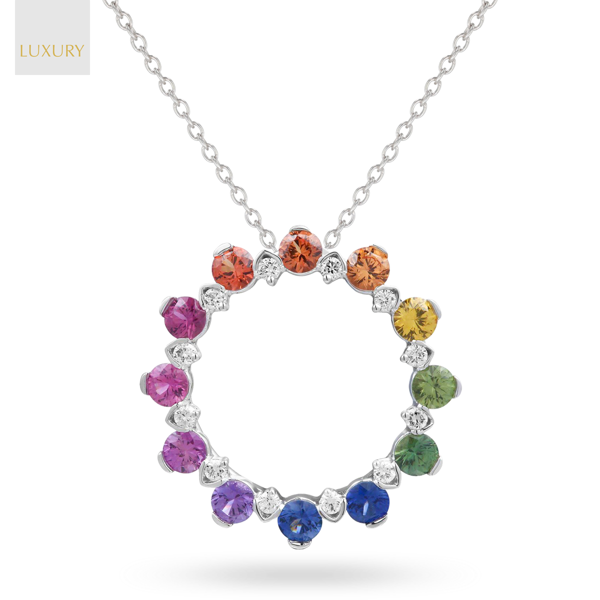 18ct White Gold Fancy Sapphire & Diamond Circle Pendant & Chain