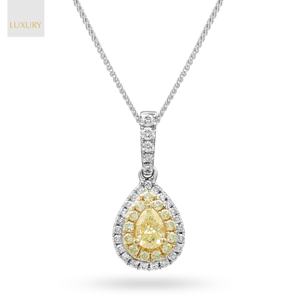 18ct Yellow & White Gold Pear Shaped Fancy Yellow Diamond Double Halo Pendant & Chain