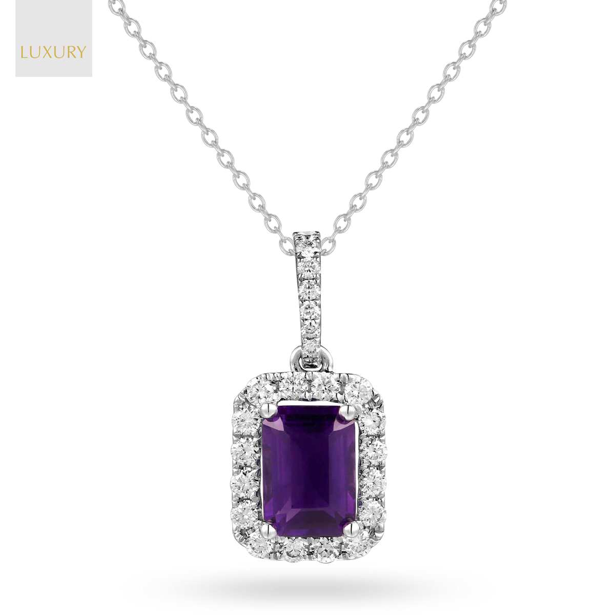 18ct White Gold Octagonal Amethyst & Diamond Halo Pendant & Chain