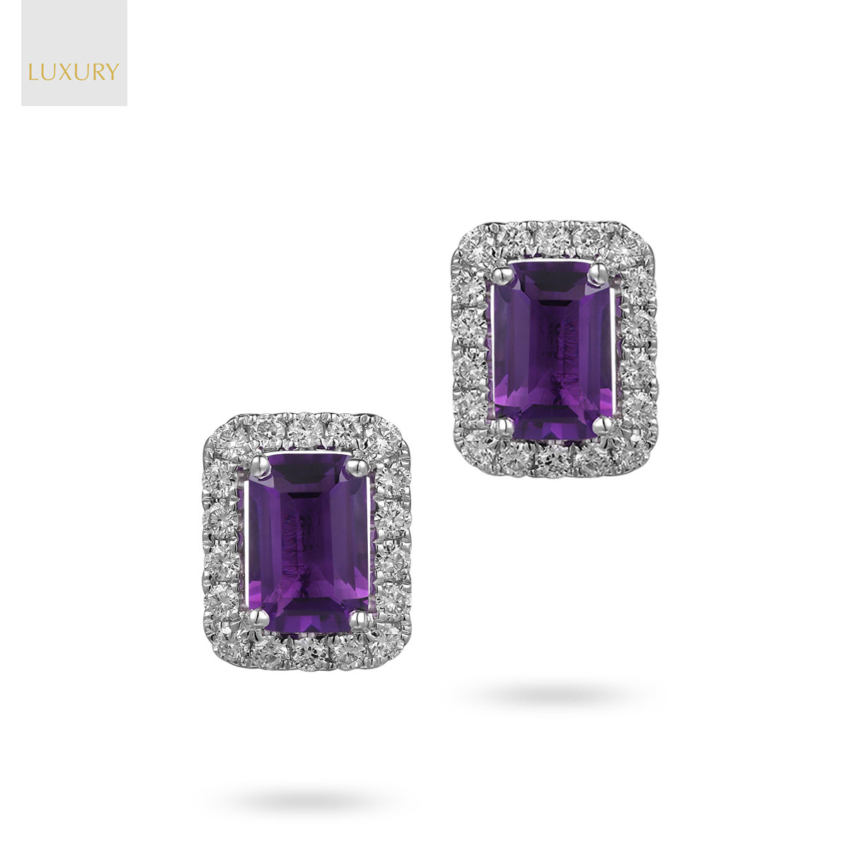 18ct White Gold Octagonal Amethyst & Diamond Halo Stud Earrings