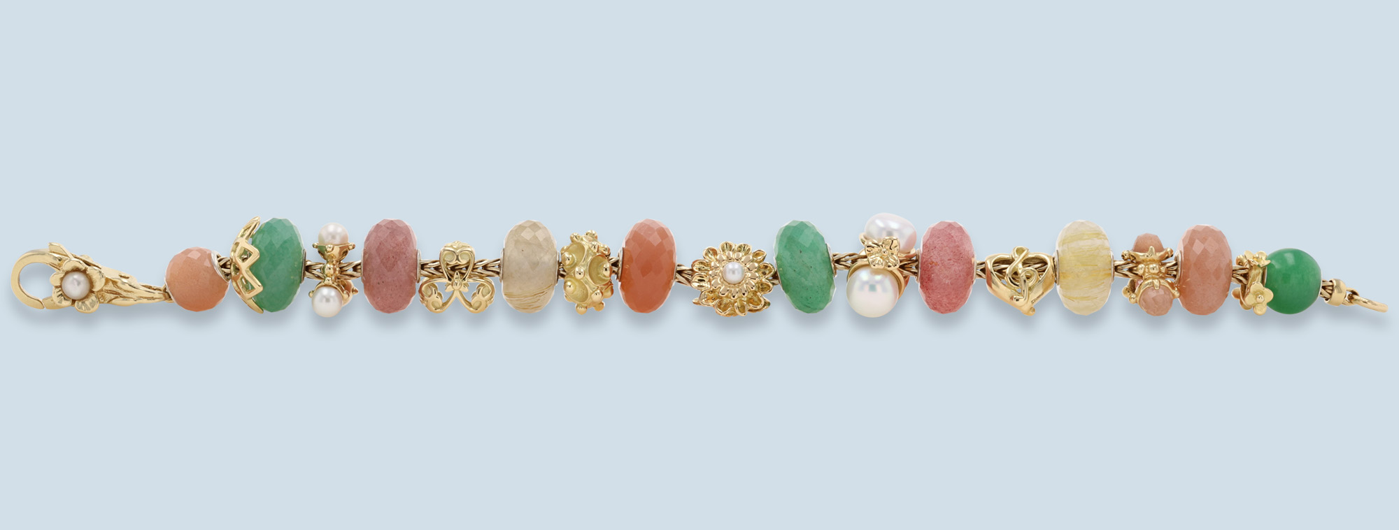 Trollbeads Gold Bracelet with Aventurine & Strawberry Quartz Precious Stone Beads
