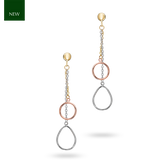 9ct Three Colour Gold Pear & Round Chain Drop Earrings