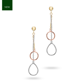 9ct Three Colour Gold Pear & Round Chain Drop Earrings