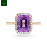 9ct Yellow Gold Octagonal Amethyst & Diamond Cluster Ring