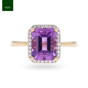 9ct Yellow Gold Octagonal Amethyst & Diamond Cluster Ring