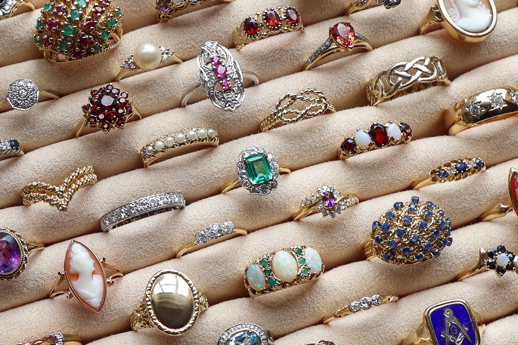 Selection of Antique, Vintage & Estate rings crafted within gold or platinum and set with gemstones or detailed with intricate motifs. 