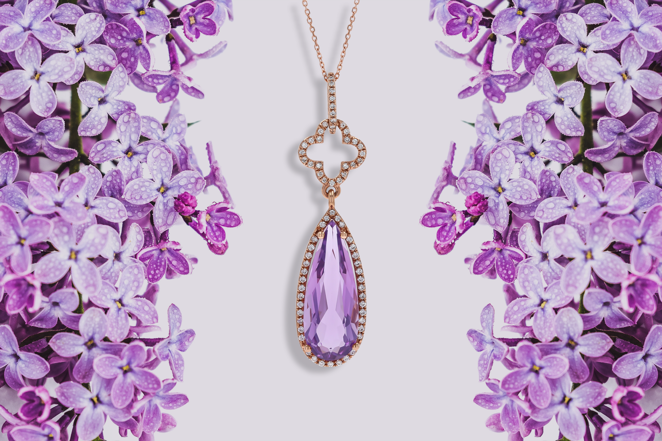 9ct Rose Gold Pear Shaped Amethyst & Diamond Halo Pendant & Chain