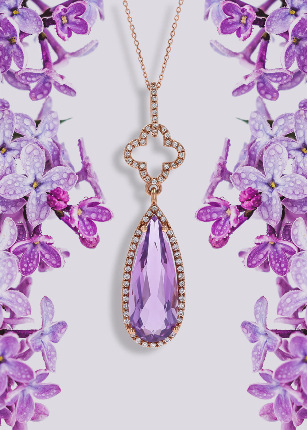 9ct Rose Gold Pear Shaped Amethyst & Diamond Halo Pendant & Chain