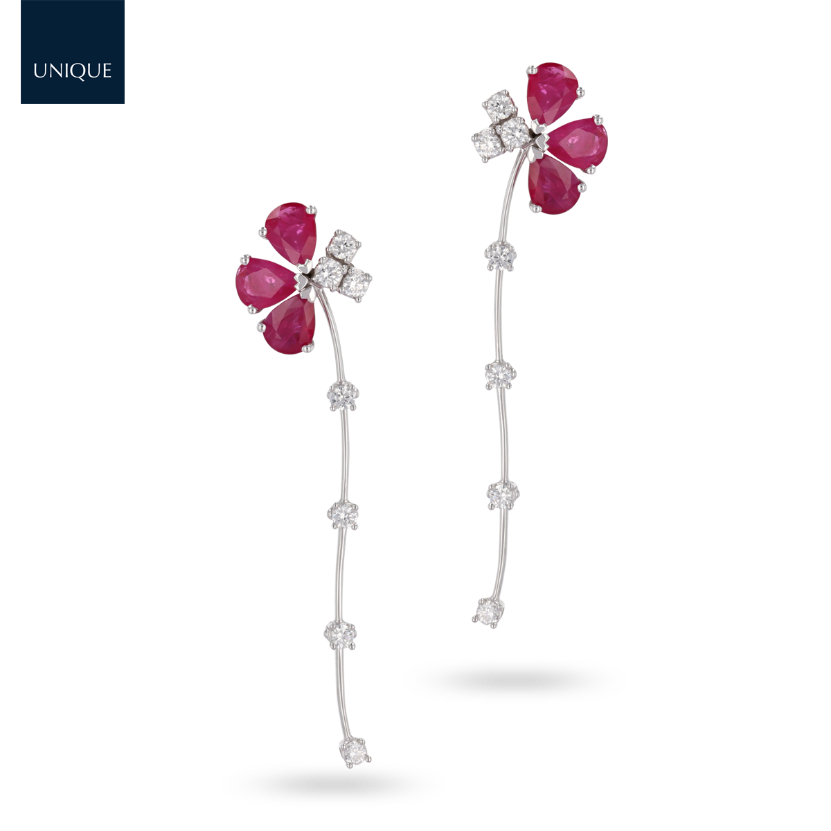 18ct White Gold Ruby & Diamond Floral Drop Earrings