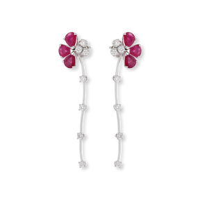 18ct White Gold Ruby & Diamond Floral Drop Earrings