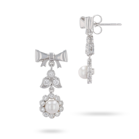 18ct White Gold Pearl & Diamond Bow Drop Earrings