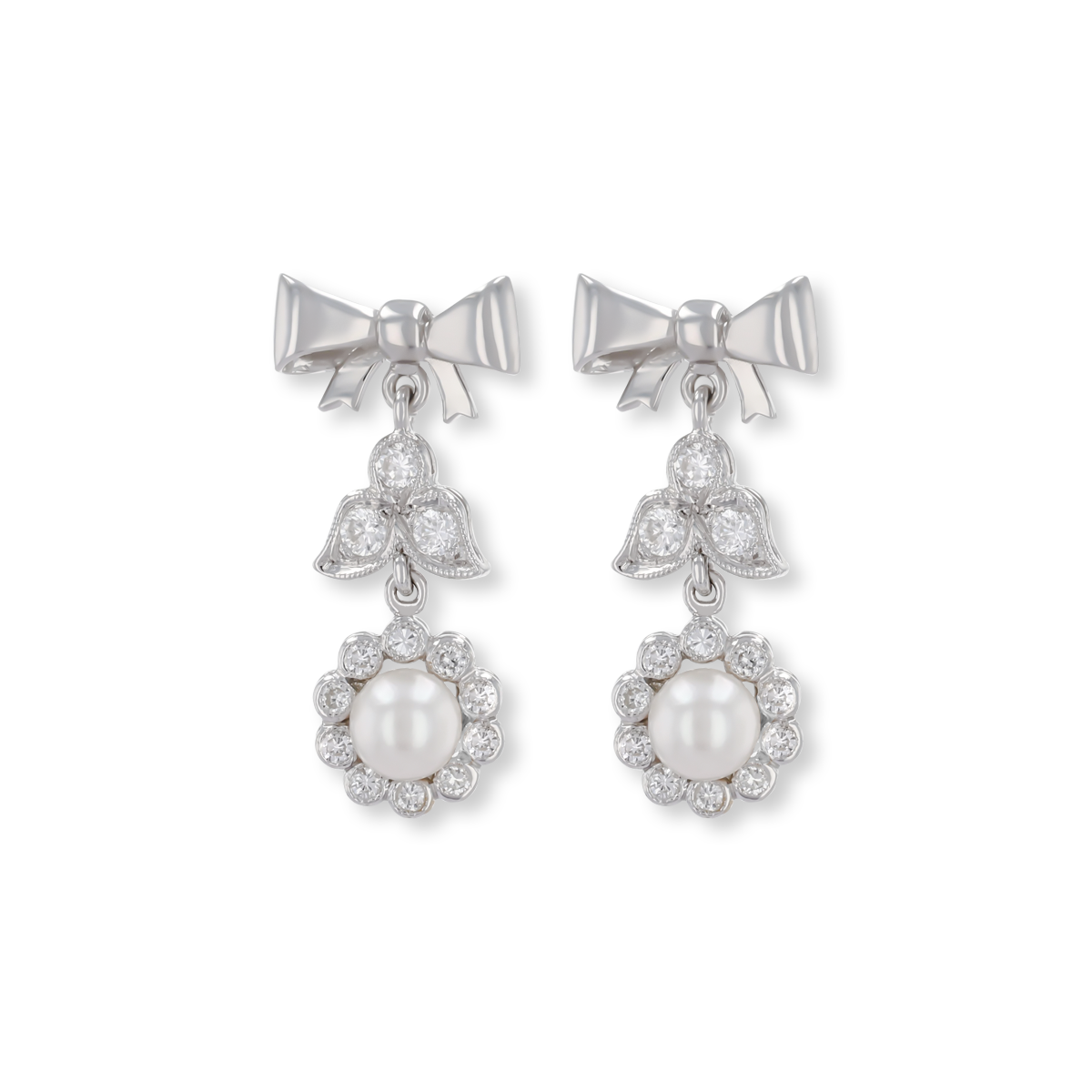 18ct White Gold Pearl & Diamond Bow Drop Earrings