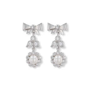 18ct White Gold Pearl & Diamond Bow Drop Earrings