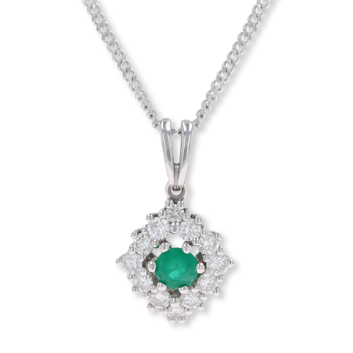18ct White Gold Emerald & Diamond Marquise Cluster Pendant & Chain
