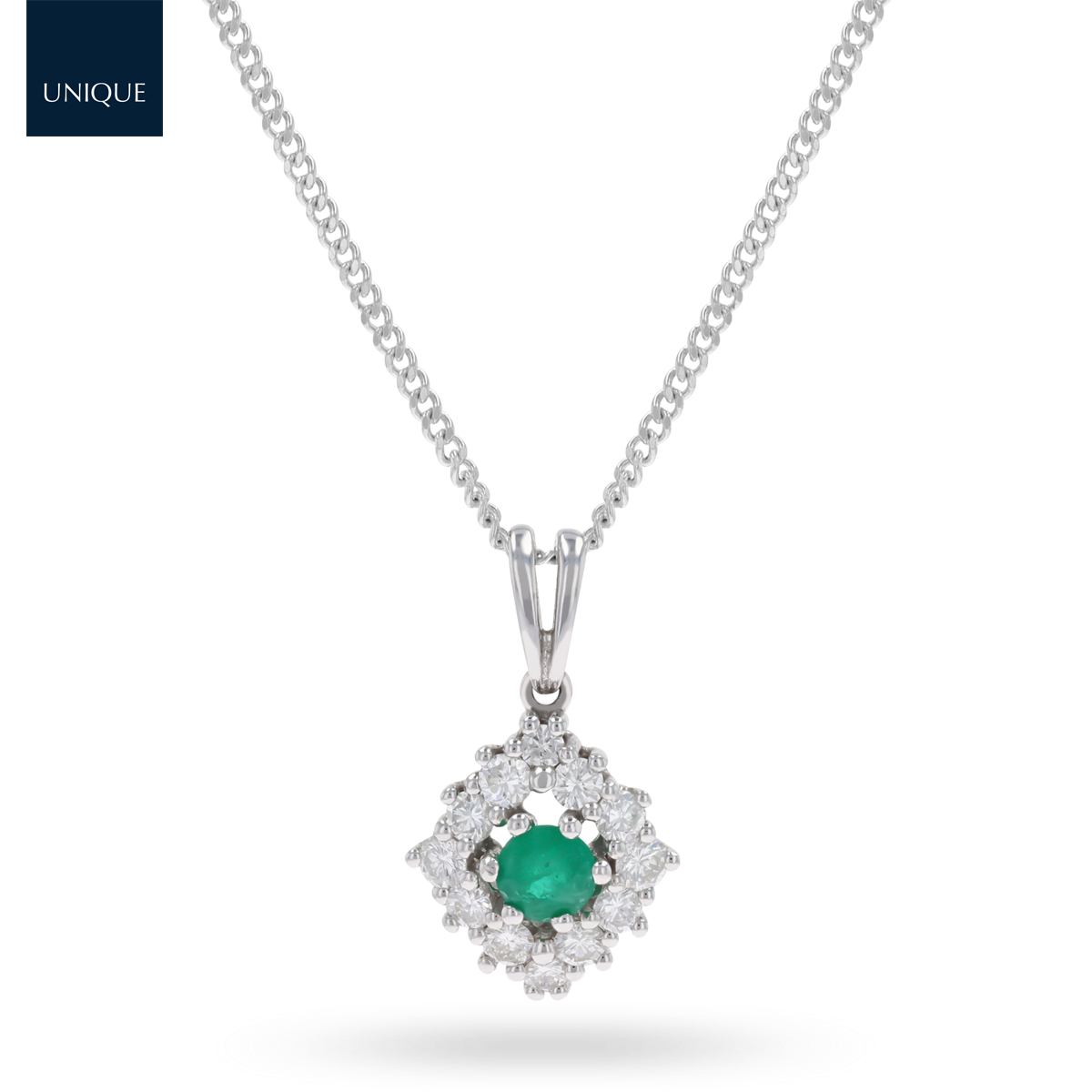 18ct White Gold Emerald & Diamond Marquise Cluster Pendant & Chain18ct White Gold Emerald & Diamond Marquise Cluster Pendant & Chain