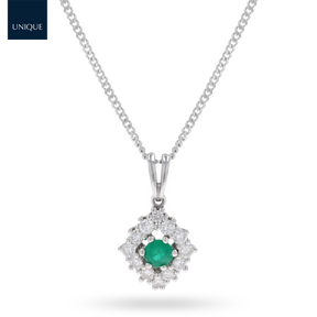 18ct White Gold Emerald & Diamond Marquise Cluster Pendant & Chain18ct White Gold Emerald & Diamond Marquise Cluster Pendant & Chain