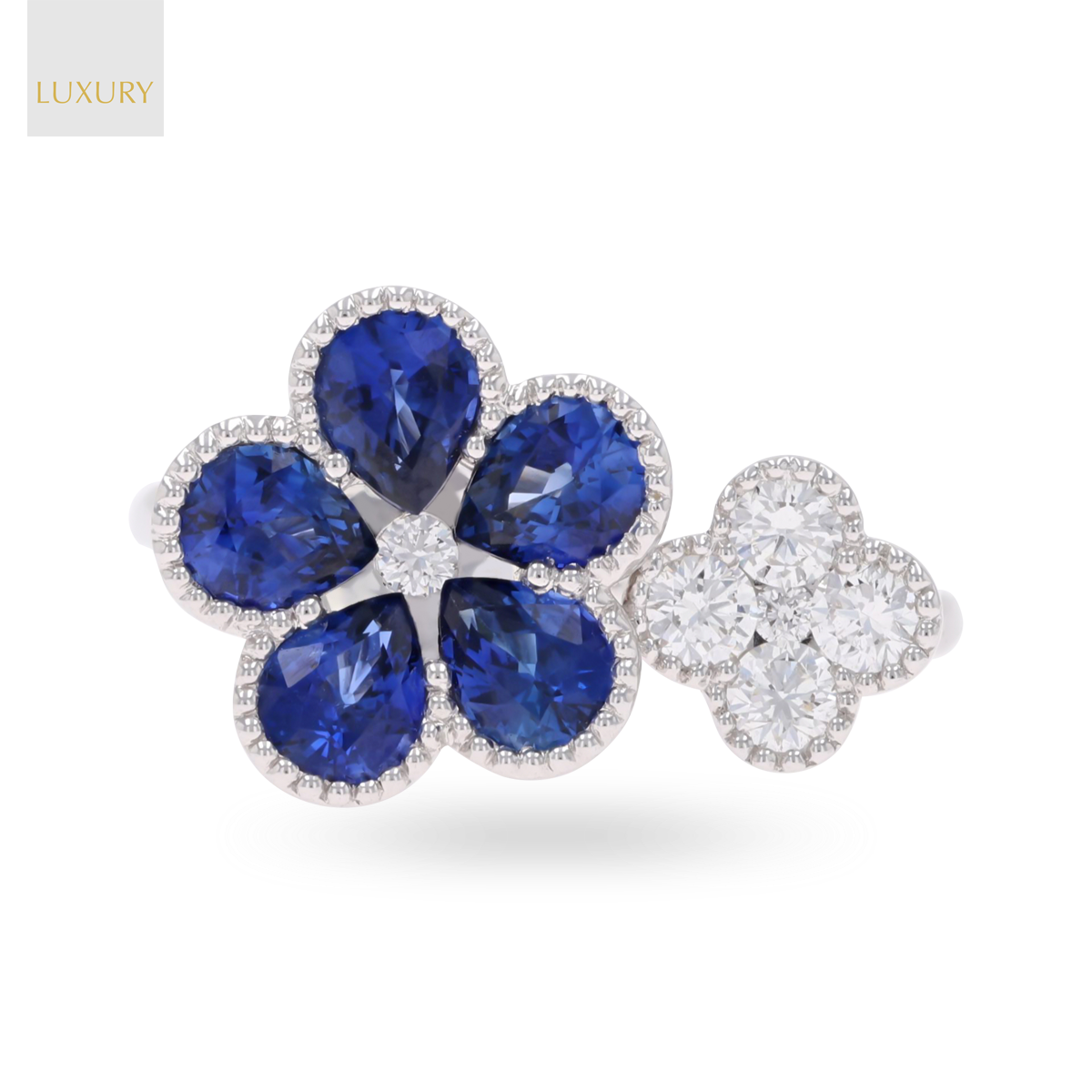 18ct White Gold Sapphire & Diamond Flower Toi et Moi Ring