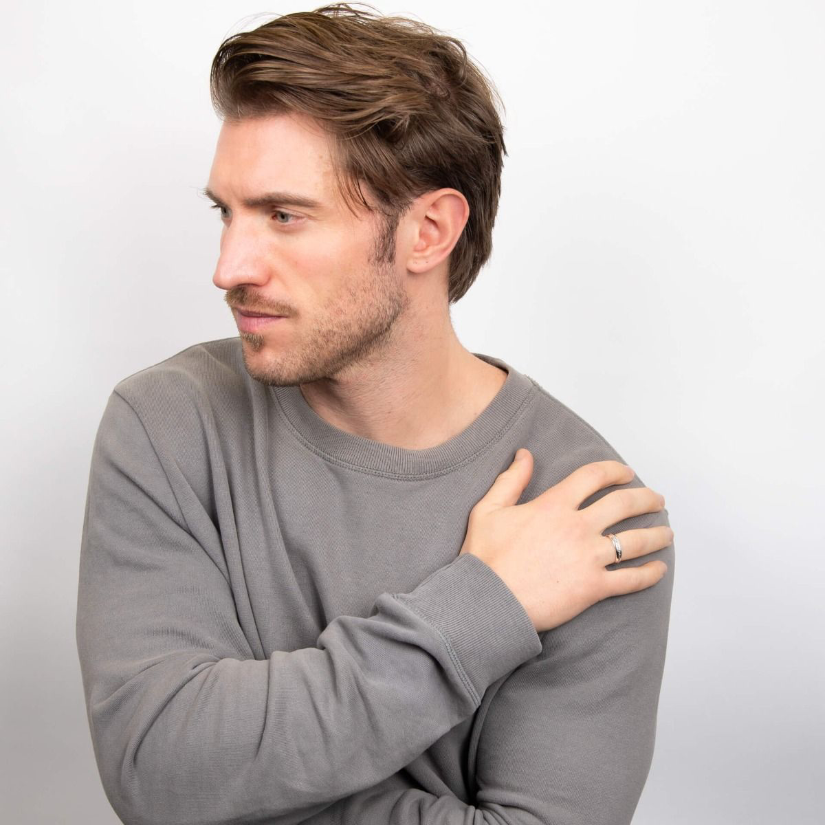 Model wears Oxidised Sterling Silver Inset Pattern Ring