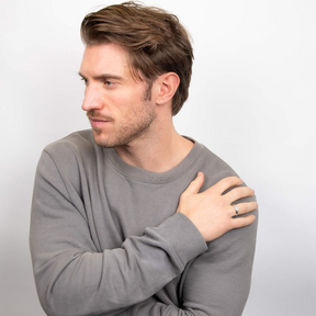 Model wears Oxidised Sterling Silver Inset Pattern Ring