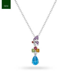 9ct White Gold Multi Gemstone Drop Pendant on Chain