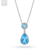 18ct White Gold Blue Topaz & Diamond Halo Drop Pendant & Chain