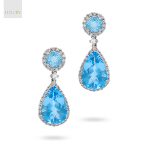 18ct White Gold Blue Topaz & Diamond Halo Drop Earrings