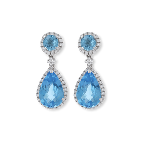 18ct White Gold Blue Topaz & Diamond Halo Drop Earrings