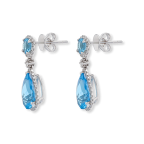 18ct White Gold Blue Topaz & Diamond Halo Drop Earrings