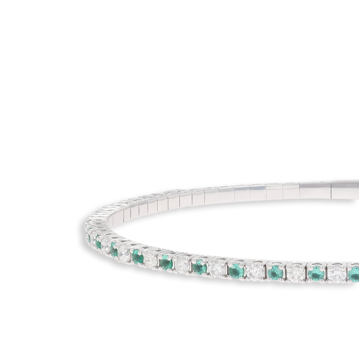 9ct White Gold Emerald & Diamond Tennis Flexible Bangle