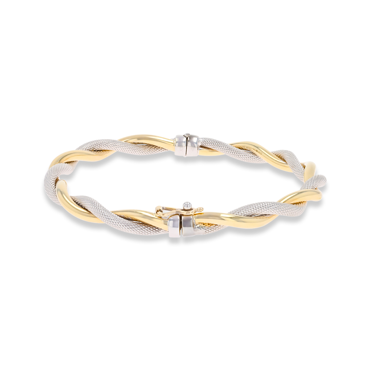 9ct Two Colour Gold Plain & Patterned Double Twist Tension Bangle