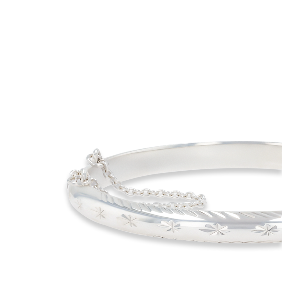 Sterling Silver Diamond Cut Star 5mm D Shaped Hinged Solid Bangle