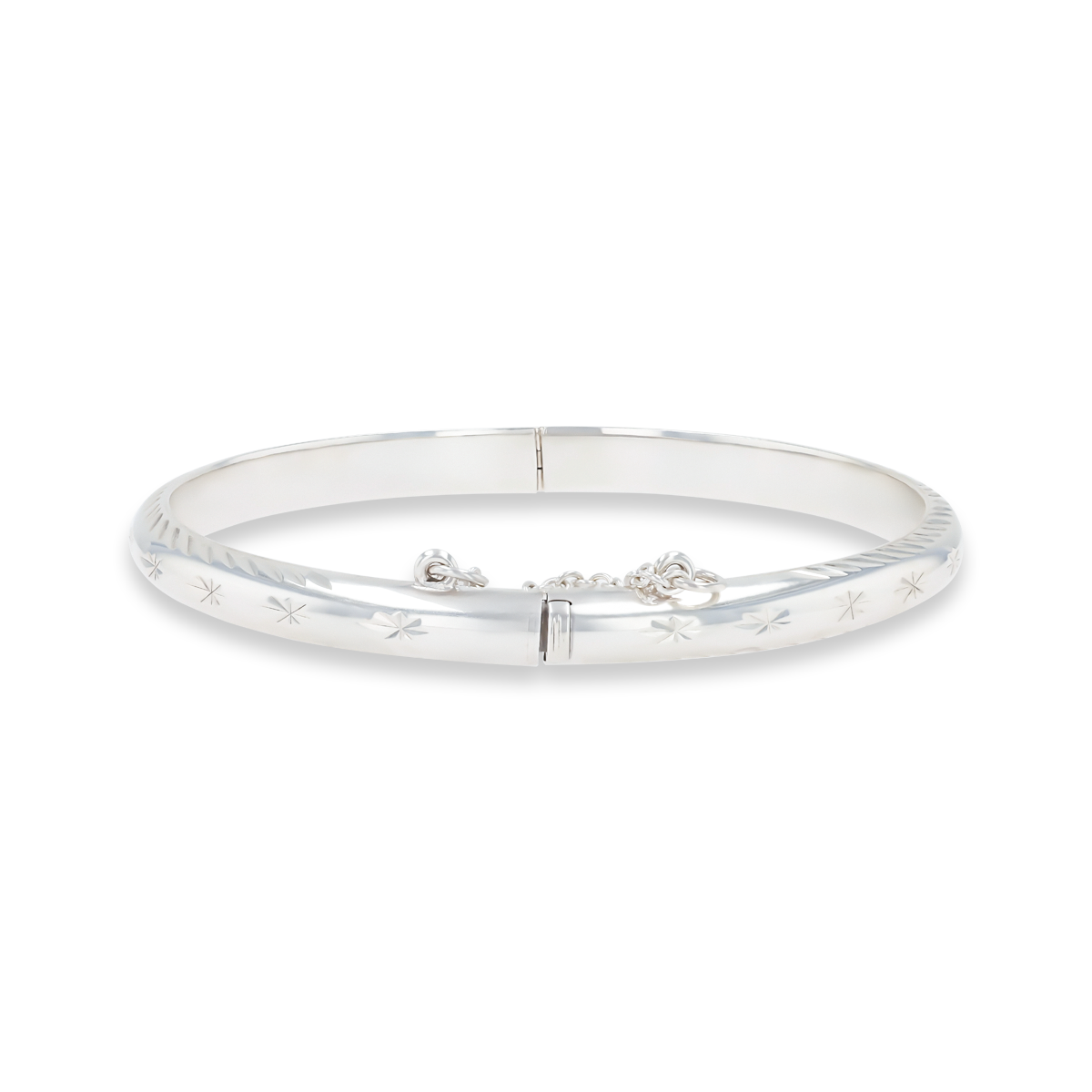 Sterling Silver Diamond Cut Star 5mm D Shaped Hinged Solid Bangle