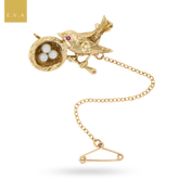 9ct Yellow Gold Bird Nest Set with Ruby & Pearls Brooch
