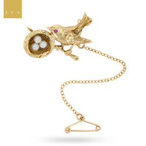 9ct Yellow Gold Bird Nest Set with Ruby & Pearls Brooch