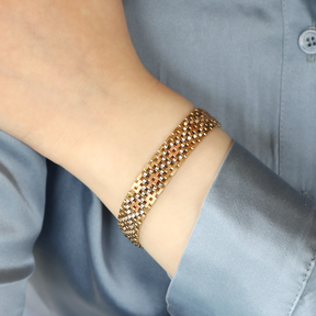 Model wears 9ct Three Colour Gold Panther Link Bracelet