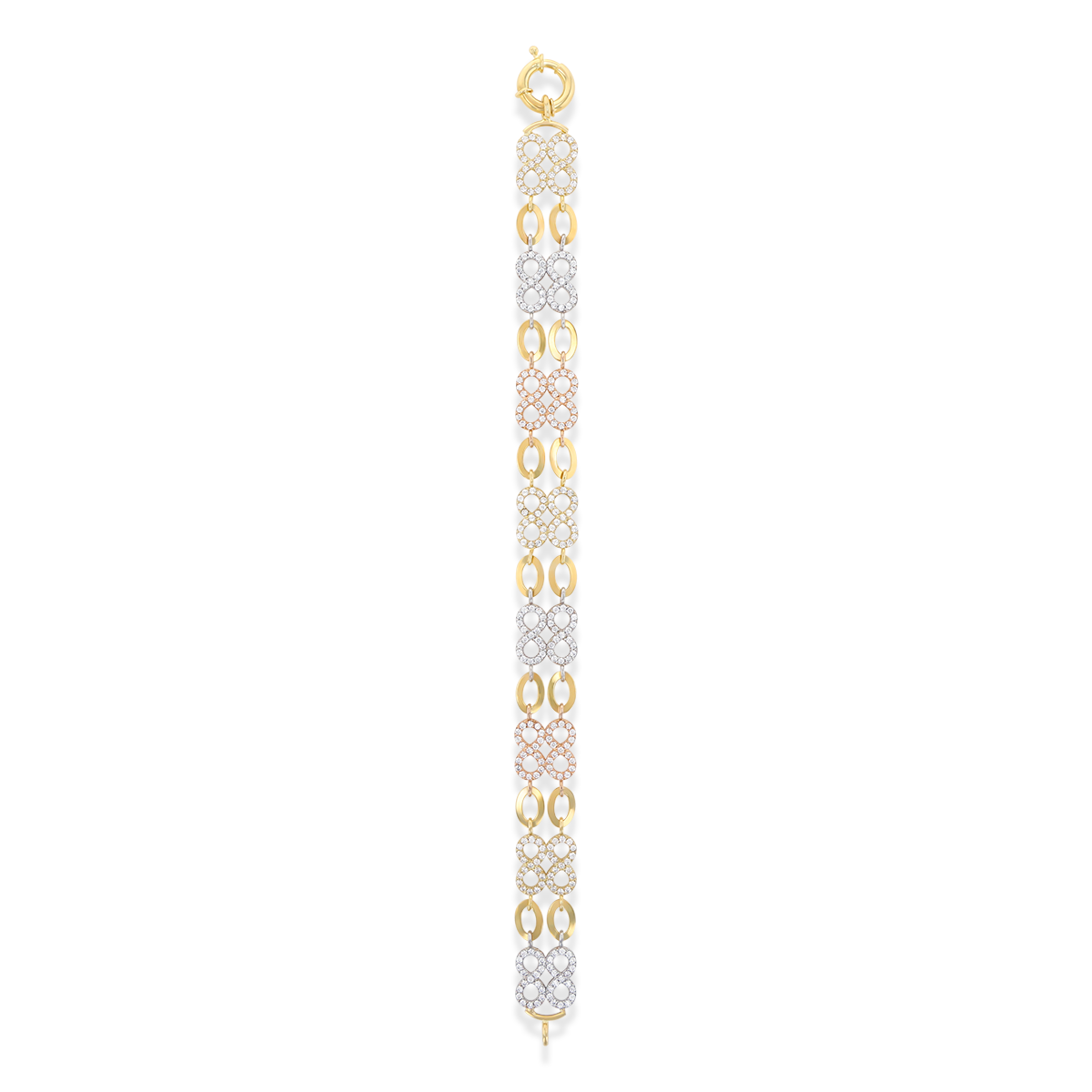 9ct Three Colour Gold Cubic Zirconia Infinity & Oval Link Bracelet