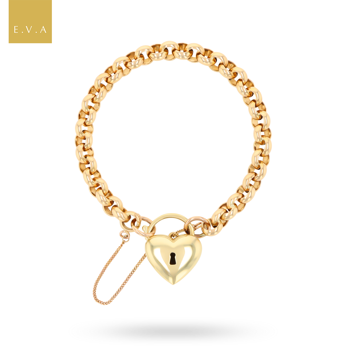 9ct Yellow Gold Hollow Belcher with Puffed Heart Shaped Padlock Bracelet