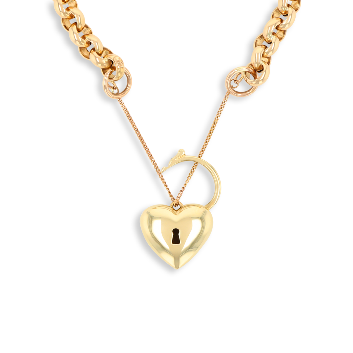 9ct Yellow Gold Hollow Belcher with Puffed Heart Shaped Padlock Bracelet