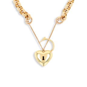 9ct Yellow Gold Hollow Belcher with Puffed Heart Shaped Padlock Bracelet