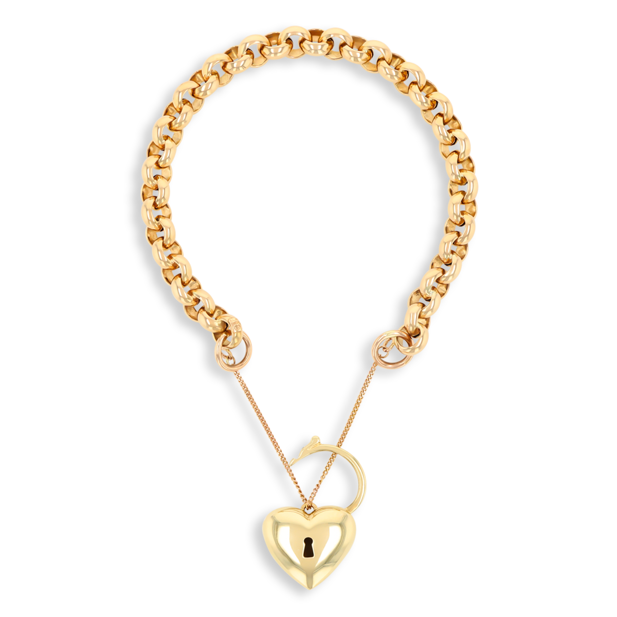 9ct Yellow Gold Hollow Belcher with Puffed Heart Shaped Padlock Bracelet