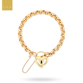 9ct Yellow Gold Hollow Belcher with Puffed Heart Shaped Padlock Bracelet