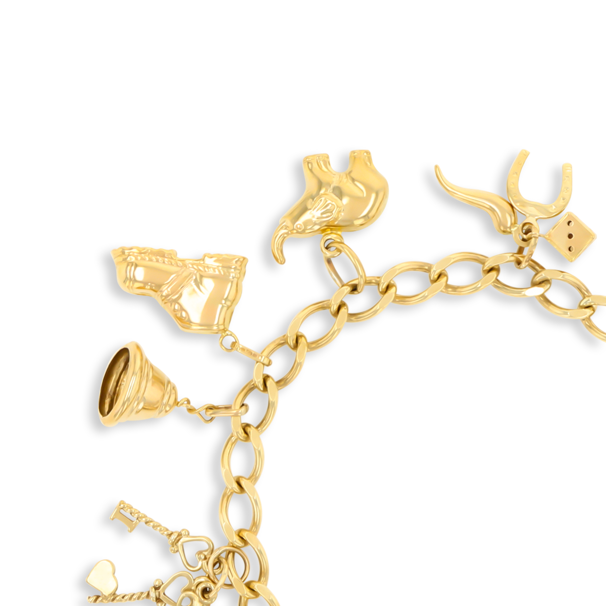 9ct Yellow Gold Curb Link Charm Bracelet with 12 Hollow Charms