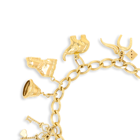 9ct Yellow Gold Curb Link Charm Bracelet with 12 Hollow Charms