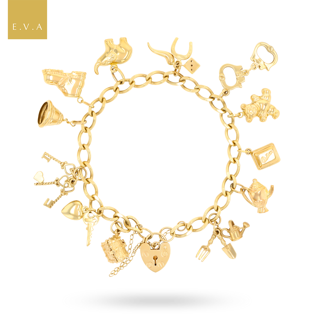 9ct Yellow Gold Curb Link Charm Bracelet with 12 Hollow Charms