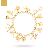 9ct Yellow Gold Curb Link Charm Bracelet with 12 Hollow Charms