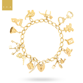 9ct Yellow Gold Curb Link Charm Bracelet with 12 Hollow Charms