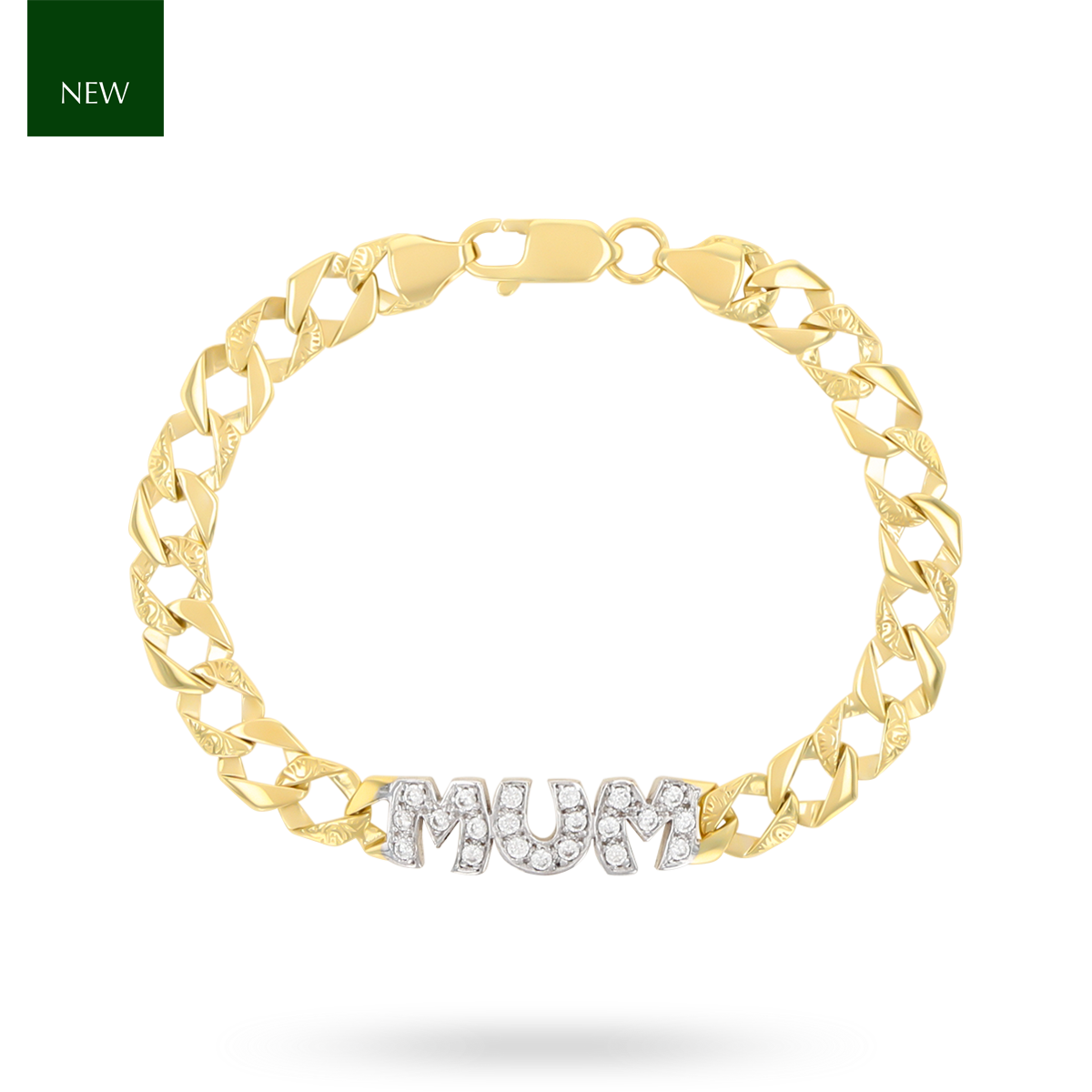 9ct Yellow Gold Cubic Zirconia MUM Plain & Engraved Curb Link Bracelet