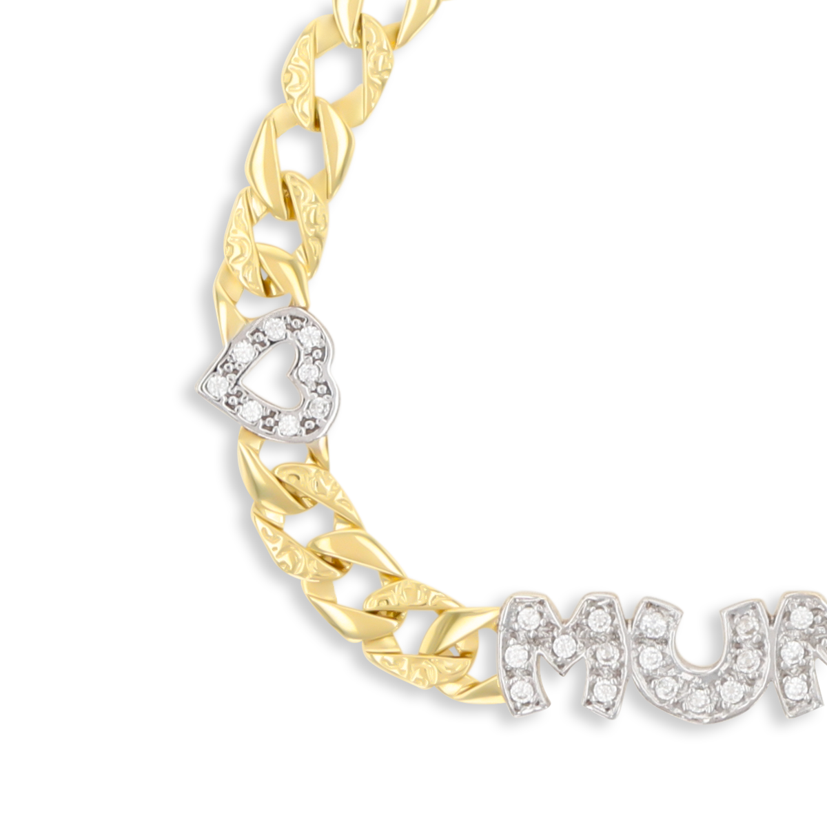 9ct Yellow Gold Cubic Zirconia MUM With Hearts Curb Link Bracelet