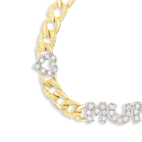 9ct Yellow Gold Cubic Zirconia MUM With Hearts Curb Link Bracelet