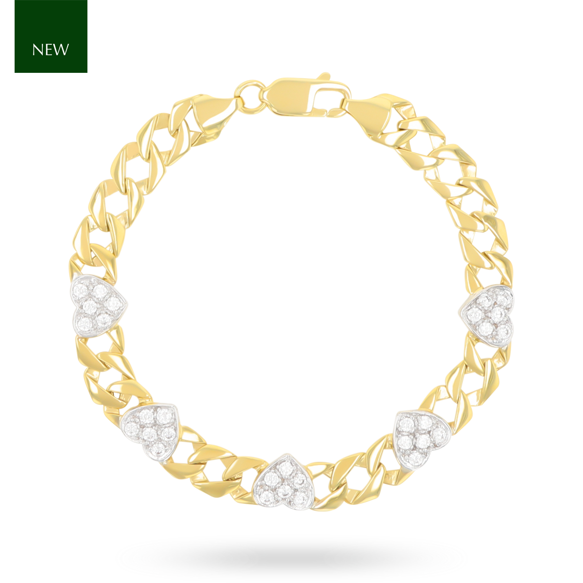 9ct Yellow Gold Cubic Zirconia Heart Curb Link Bracelet